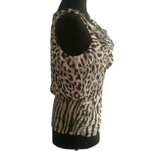 WHBM XS Blouse Leopard Print Sleeveless Ruffled Neckline Smocked Tiered Waist - Picture 4 of 8